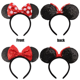 UNSPAZ shiny sequin mouse ears headband with red polka dot bow elevates party outfits