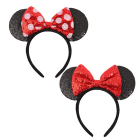 UNSPAZ shiny sequin mouse ears headband with red bow adds sparkle for photos