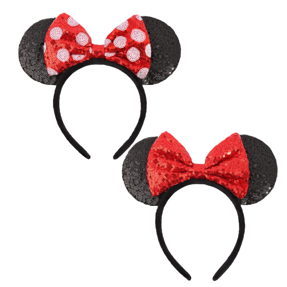 UNSPAZ shiny sequin mouse ears headband with red bow adds sparkle for photos