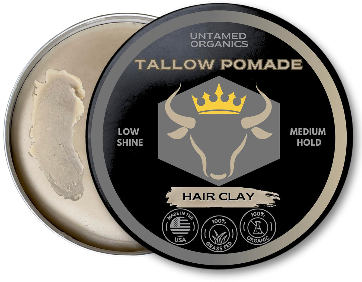 Untamed Organics Tallow Hair Clay jar close-up showing natural hold and texture.