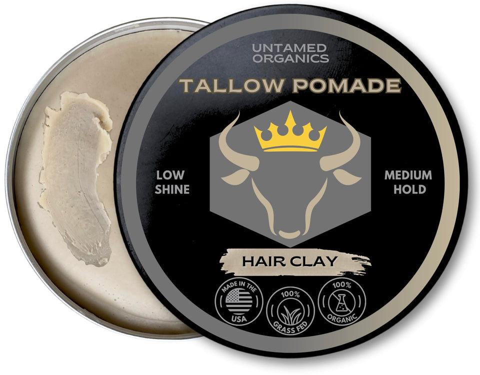 Untamed Organics Tallow Hair Clay jar close-up showing natural hold and texture.