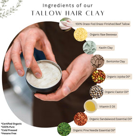 Untamed Organics Tallow Hair Clay packaging highlights sustainable, small-batch craftsmanship.