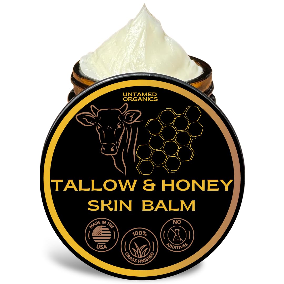Untamed Organics skin balm jar close-up showing unscented, nourishing tallow and honey