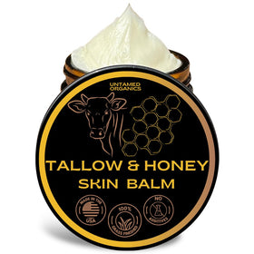 Untamed Organics skin balm jar close-up showing unscented, nourishing tallow and honey
