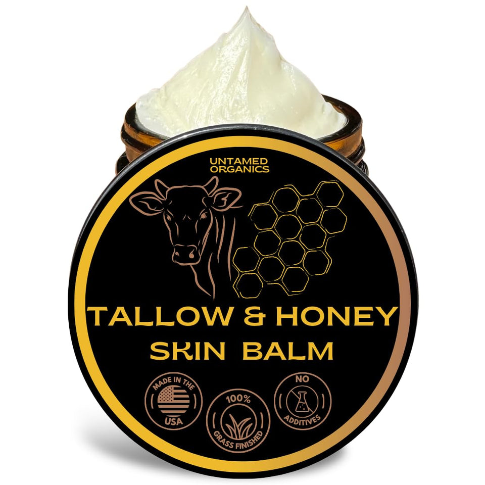 Untamed Organics skin balm jar close-up showing unscented, nourishing tallow and honey