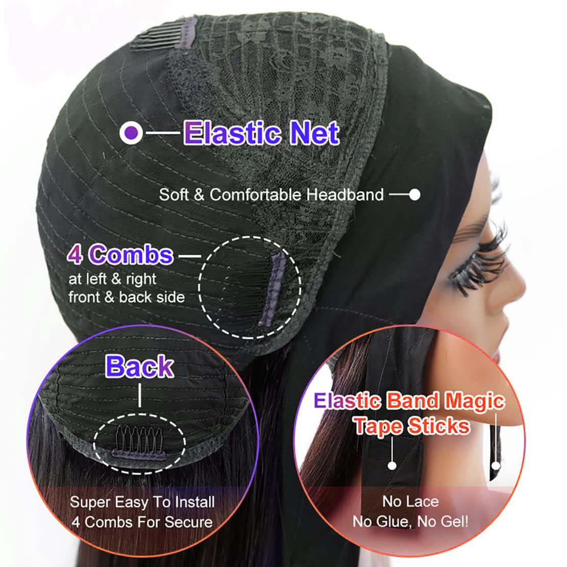 Unvizossa headband wig straight 18inch back view highlights seamless fit