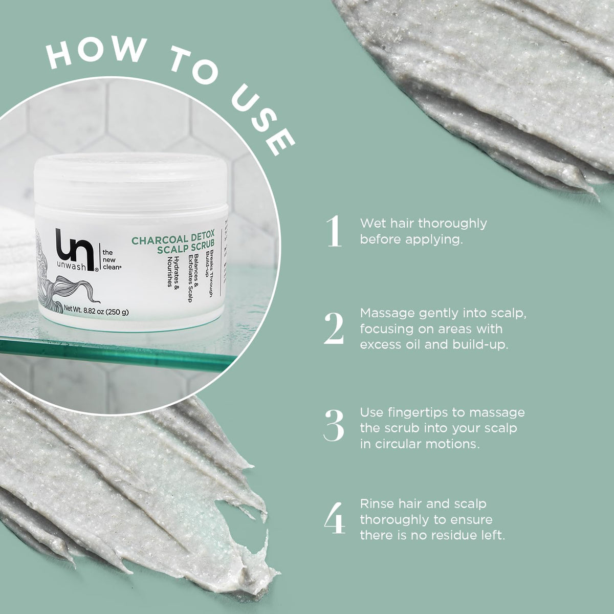 Unwash Charcoal Detox Scrub removes flakes for a healthier scalp environment.