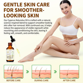 Application scene demonstrating a gentle massage for post-hair removal care.