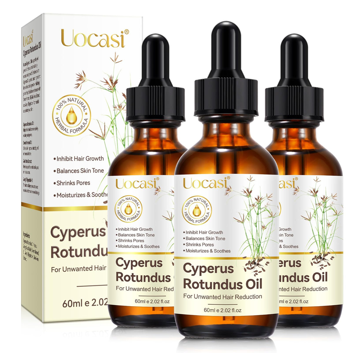 Uocasi Cyperus Rotundus Oil bottle shown for premium post-shaving skin soothing.