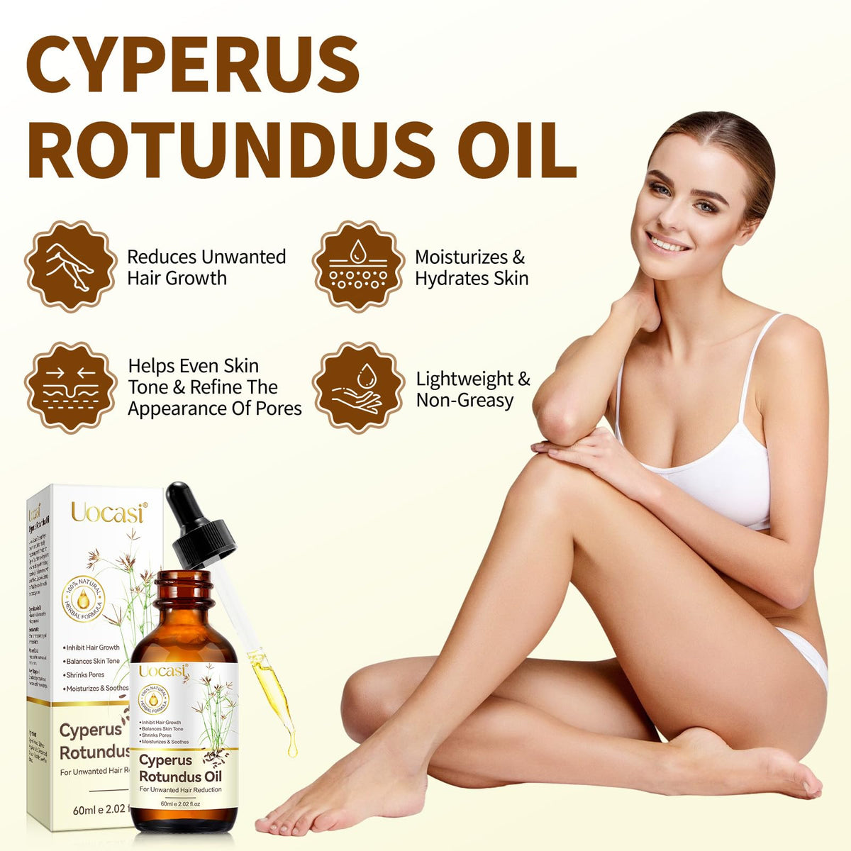 Close-up of Uocasi Cyperus Rotundus Oil highlights natural formula for smoother skin.