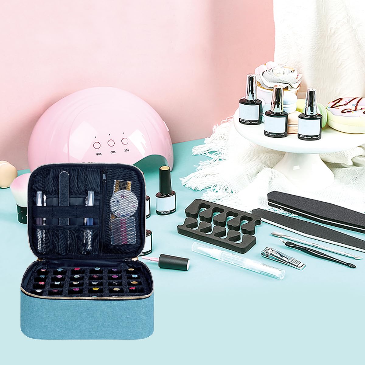 Fits nail lamps and manicure accessories in the upper compartment.