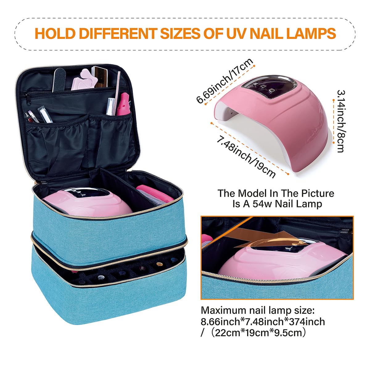 Lower layer securely holds 30 nail bottles in independent compartments.
