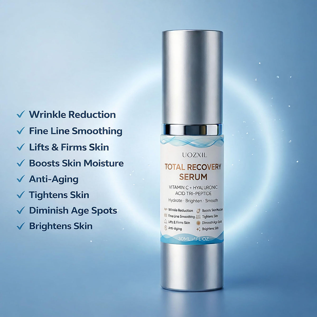 UOZXIL Total Recovery Serum ingredients label highlights Vitamin C and Hyaluronic Acid