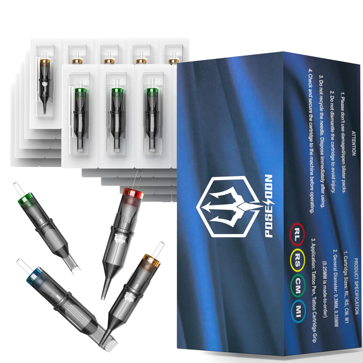 UPTATSUPPLY Poseidon cartridge needles assorted sizes for versatile shading and lining.