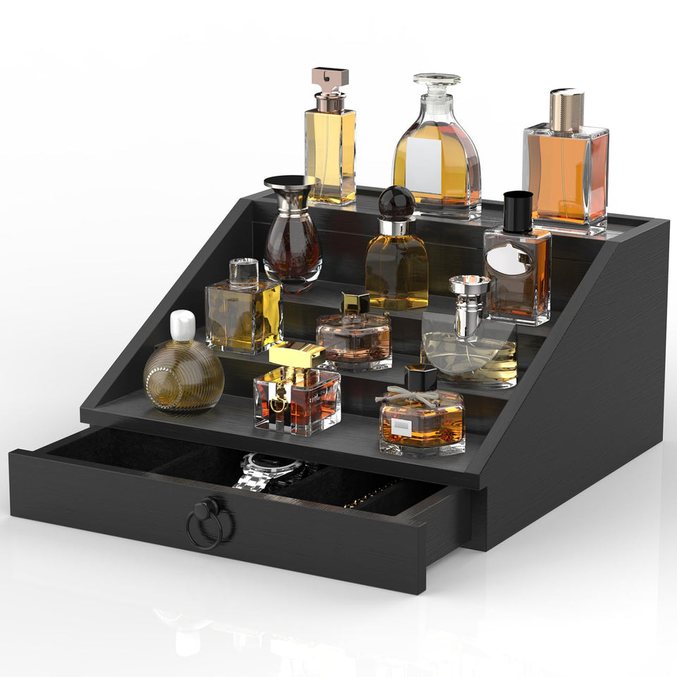 upcessory classic black wooden Cologne organizer, front view, keeps bottles secure and neatly displayed.