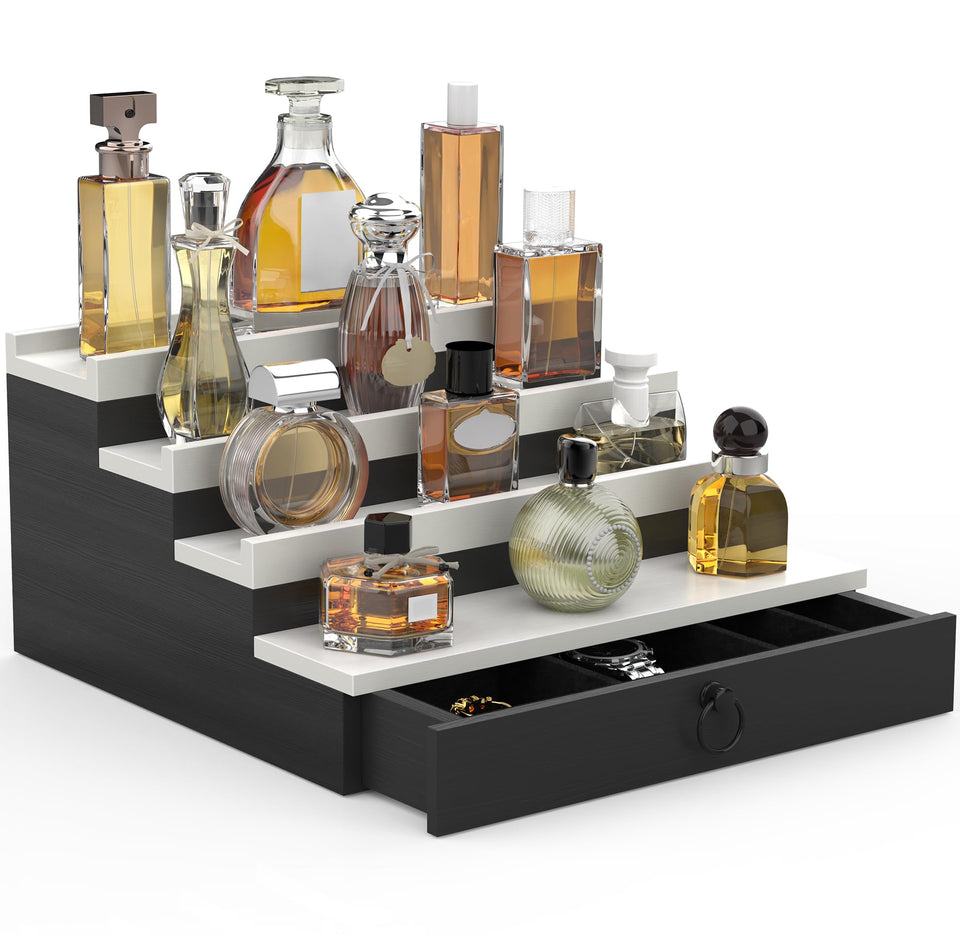 Upcessory Cologne Organizer, 4-tier black wood display for fragrances and accessories.