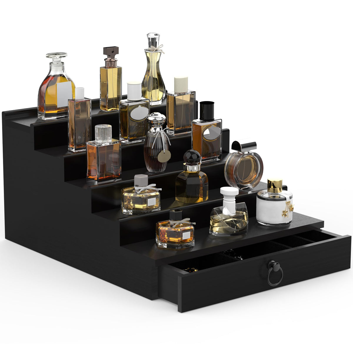 upcessory Cologne Organizer 5-tier shelf shows bottles neatly for easy selection.