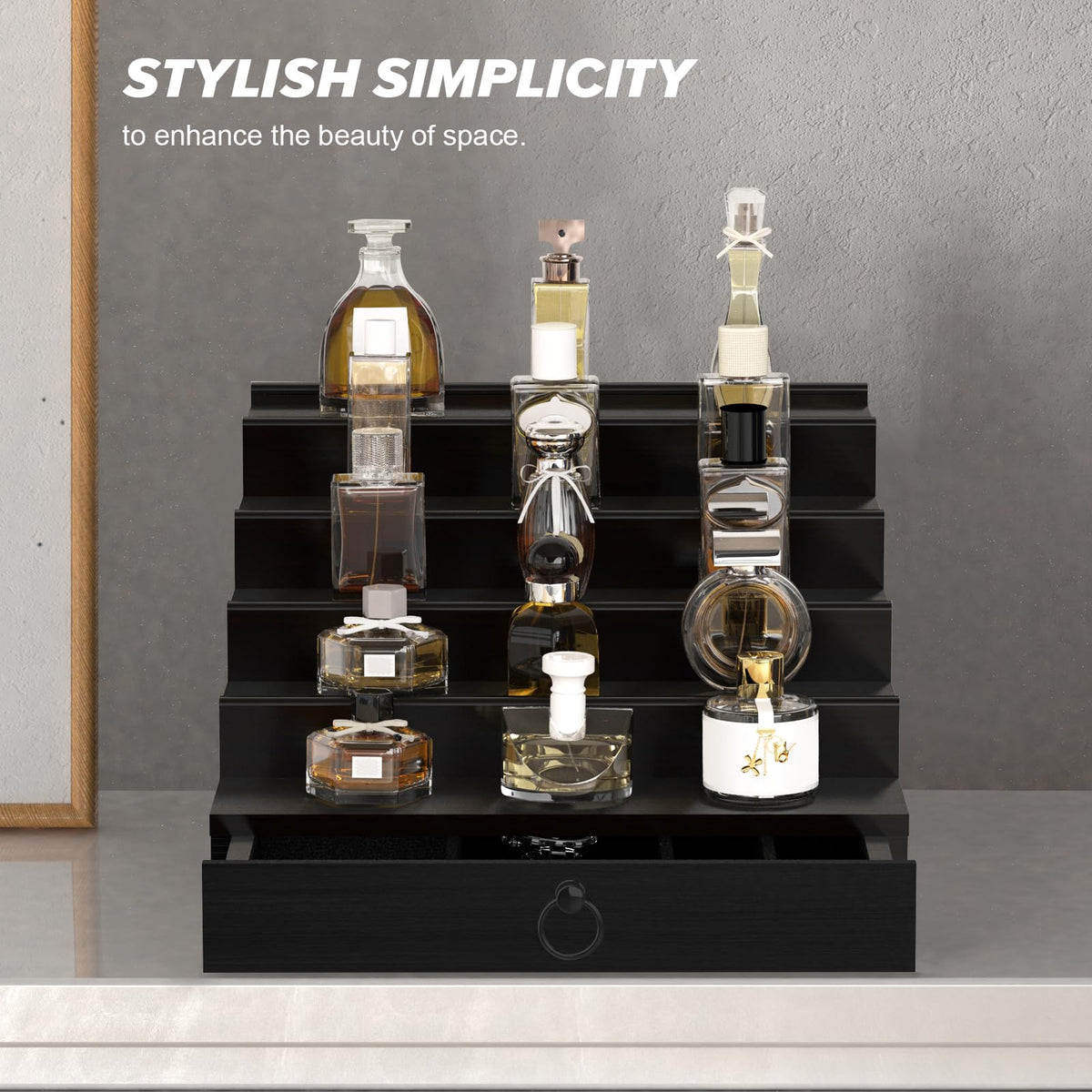 upcessory Cologne Organizer compact design fits on a dresser or countertop.
