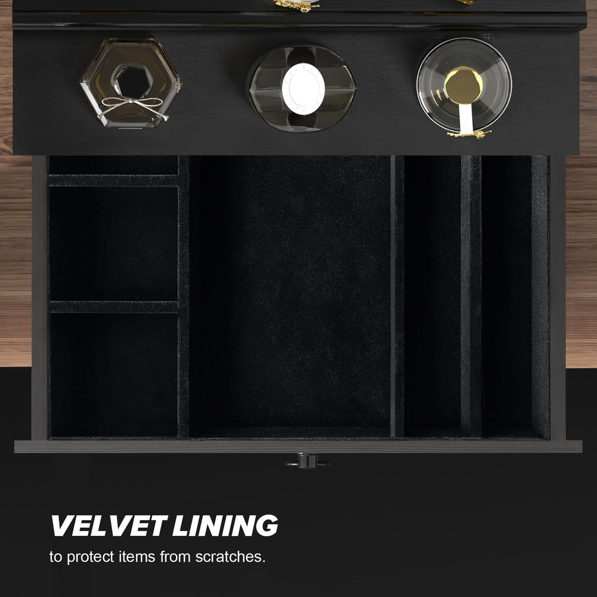 upcessory Cologne Organizer bottom drawer stores watches and accessories safely.
