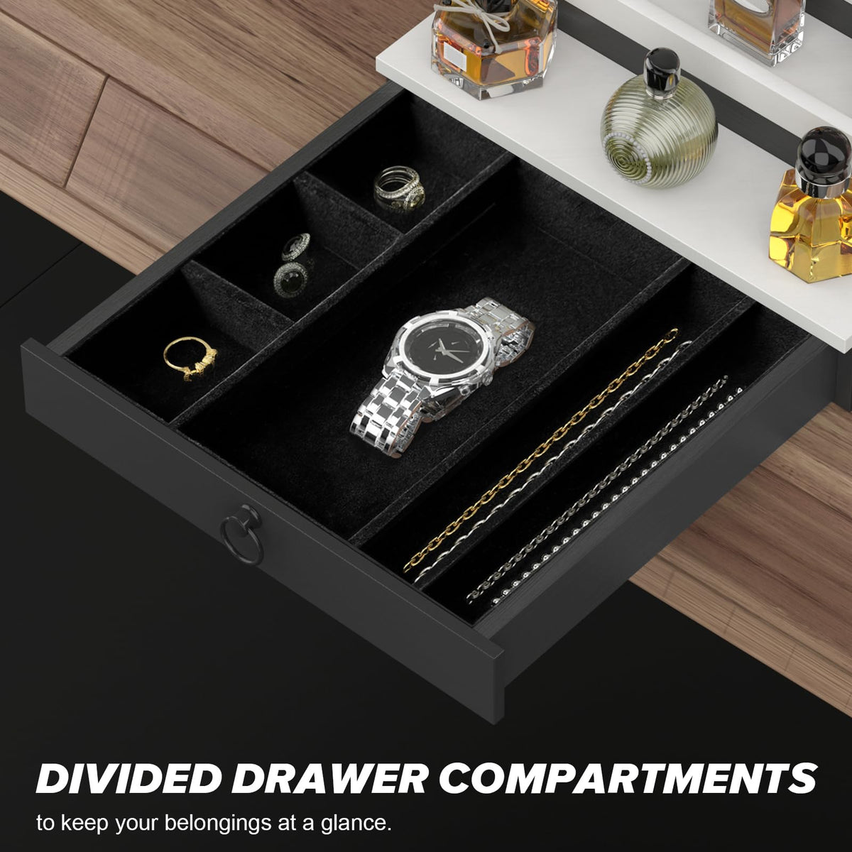 Upcessory Cologne Organizer with plush felt lining protects bottles and valuables.