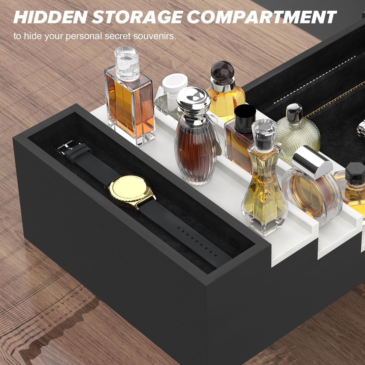 Upcessory hidden storage compartment keeps personal items discreet and secure.