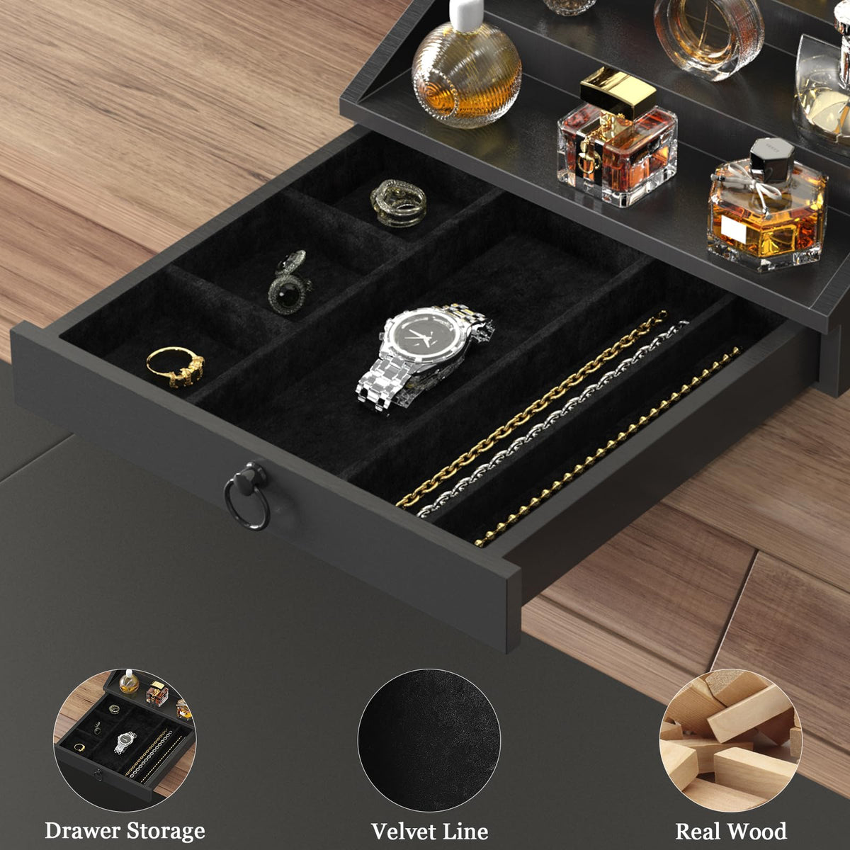 upcessory top compartment velvet-lined, close-up, adds scratch-proof storage for valuables.