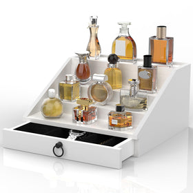 upcessory wooden cologne organizer with side panels secures bottles and prevents spills