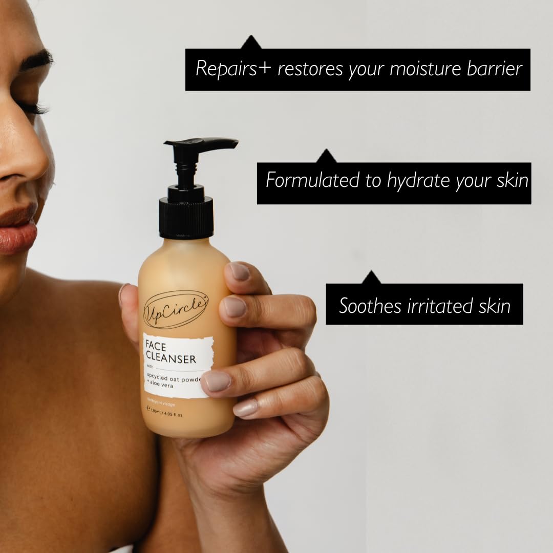 UPCIRCLE cleansing face milk texture shown with oat powder for a soft cleanse