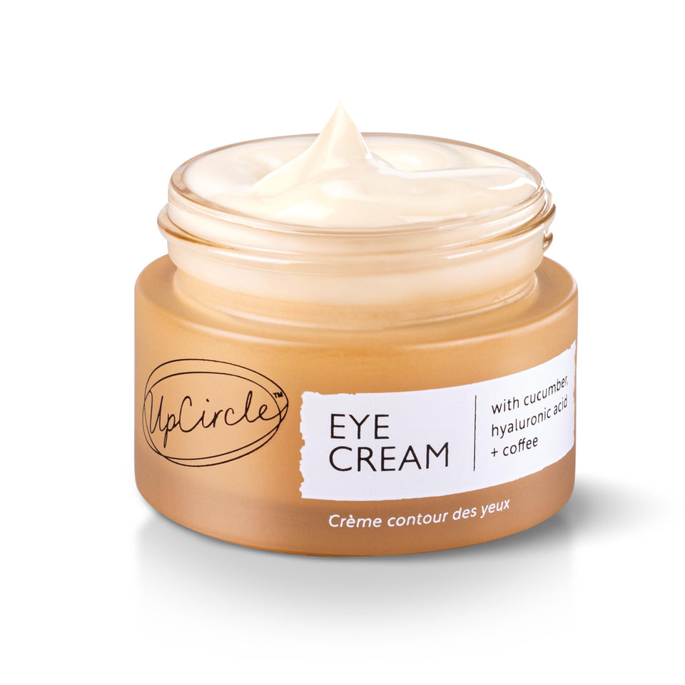 UPCIRCLE Eye Cream in glass jar delivering coffee-hyaluronic hydration for under-eye skin
