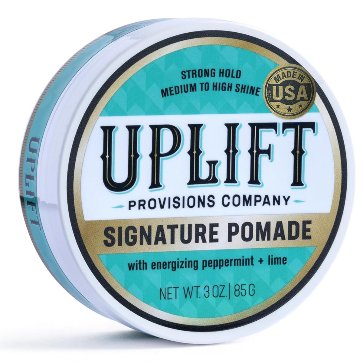 Uplift Provisions Signature Pomade jar for strong hold and easy wash-out.