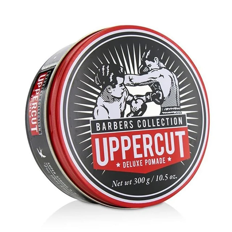 Uppercut Deluxe Pomade jar showing strong hold and high shine for classic styles