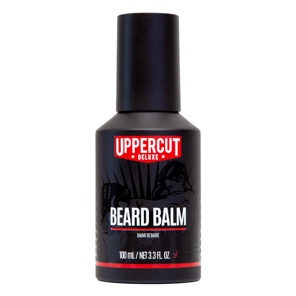 Uppercut Deluxe beard balm bottle with light hold for medium to long beards.