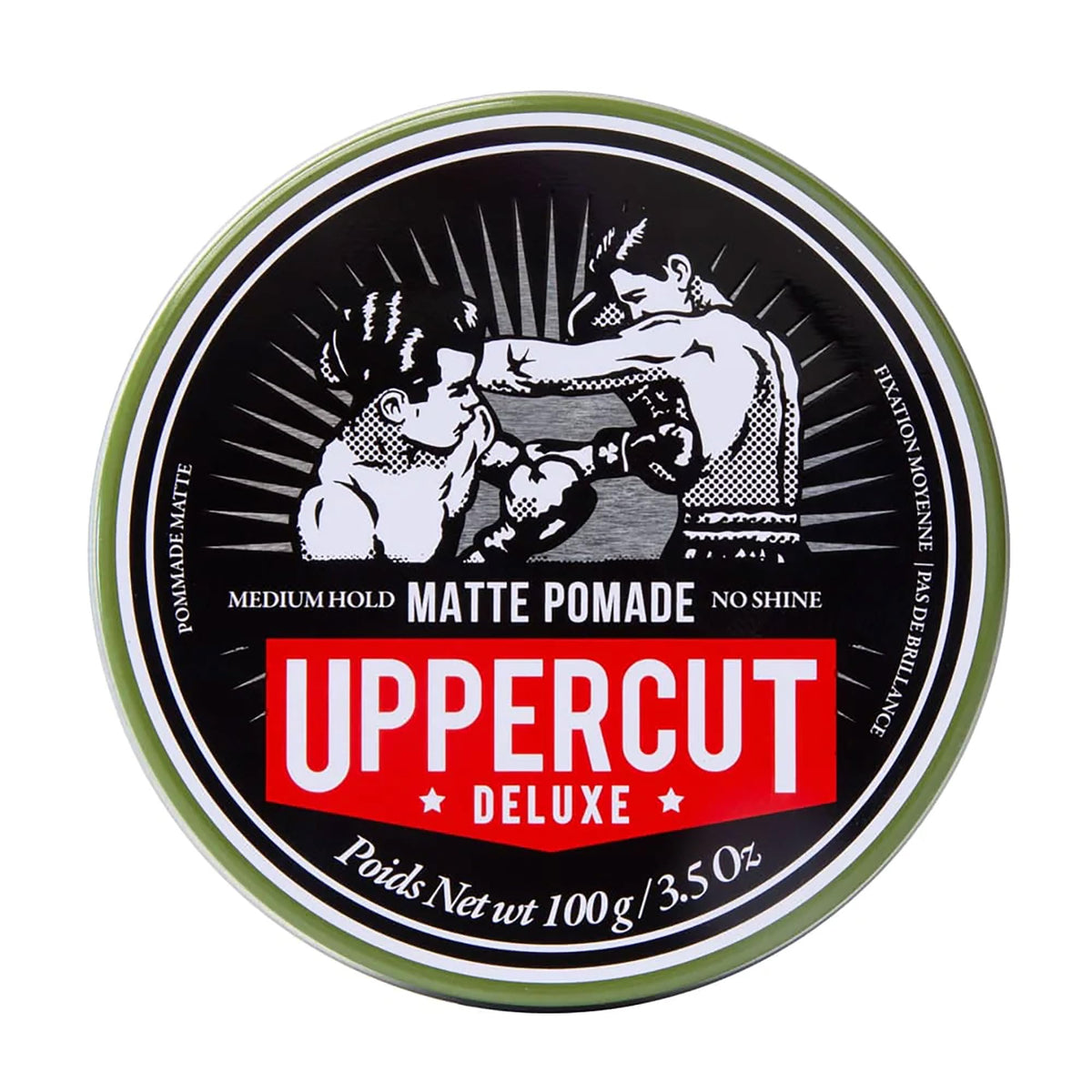 UPPERCUT DELUXE Matte Pomade bottle closeup shows label and easy washout benefit.