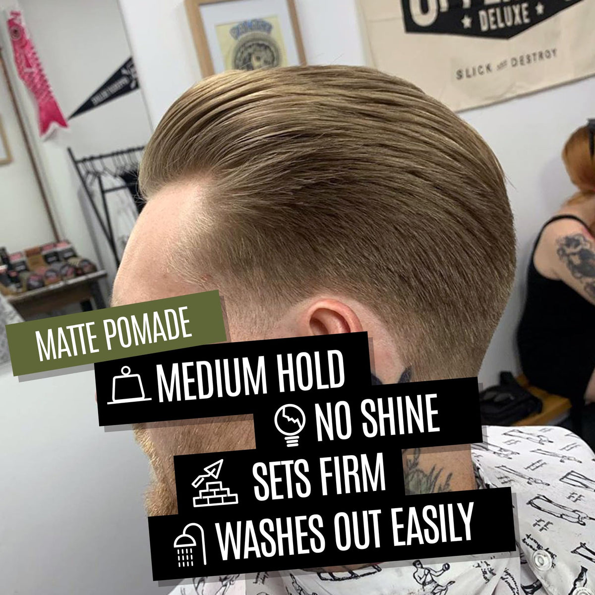 Creamy texture closeup highlights smooth, even application of UPPERCUT DELUXE Matte Pomade.