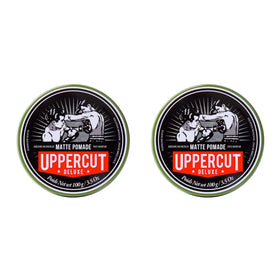 Uppercut Deluxe Matte Pomade jar closeup shows easy spread for a natural matte finish.