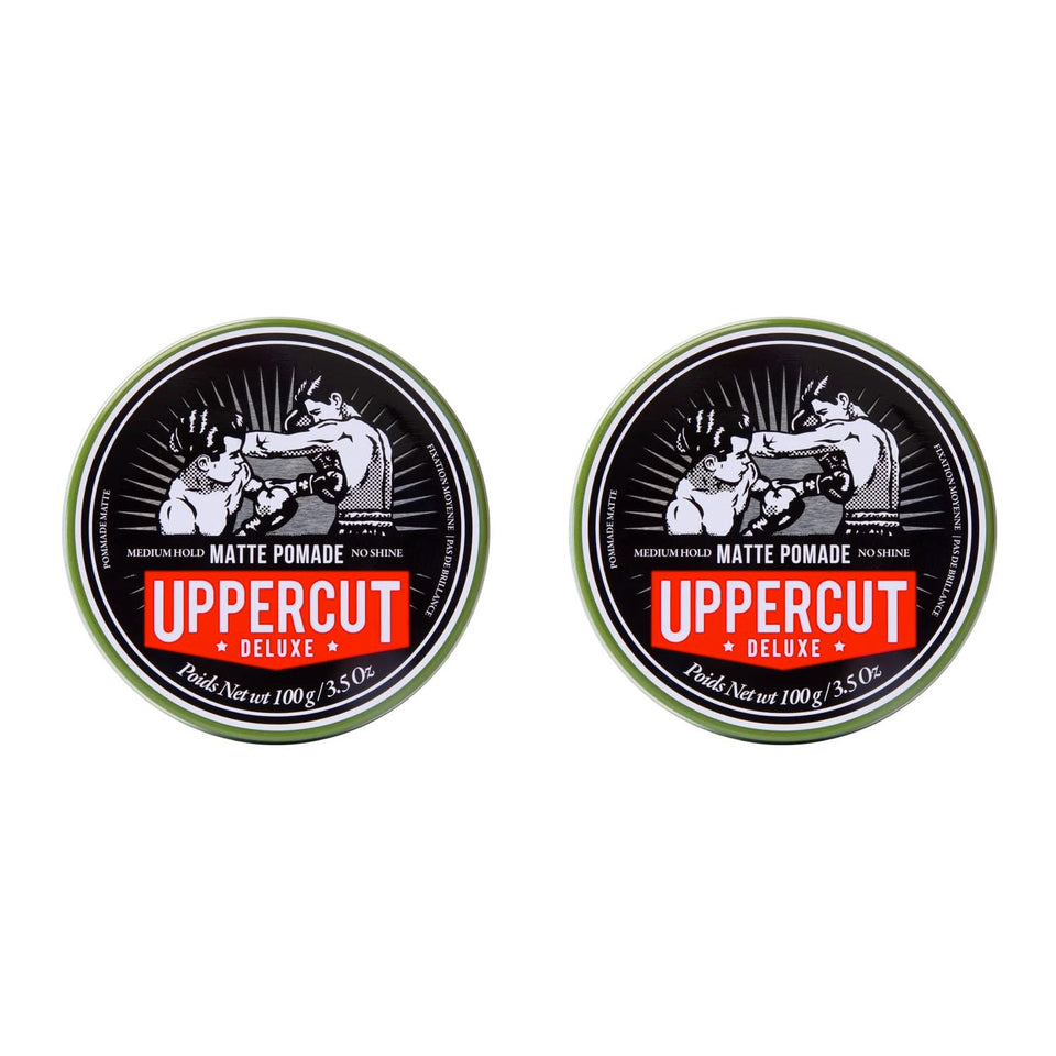 Uppercut Deluxe Matte Pomade jar closeup shows easy spread for a natural matte finish.