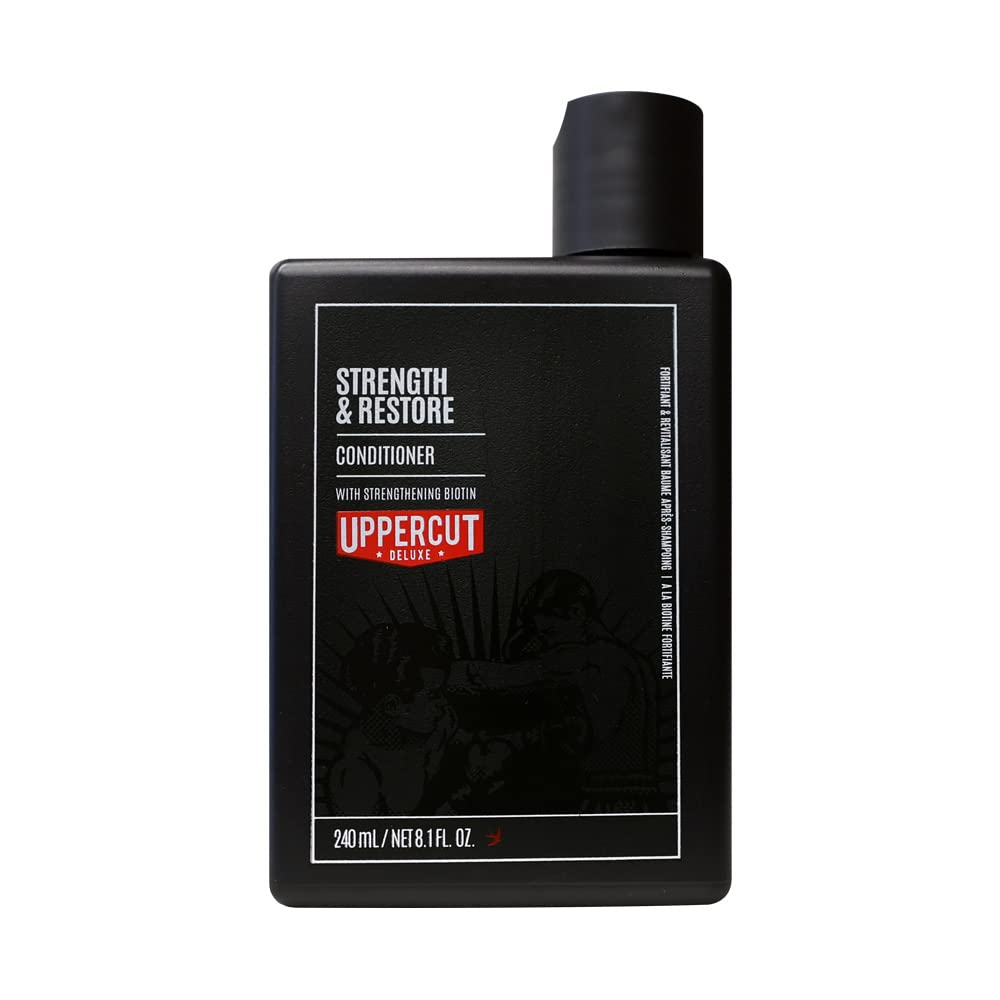 Uppercut Deluxe Strength & Restore bottle front, biotin and caffeine for fuller-looking hair