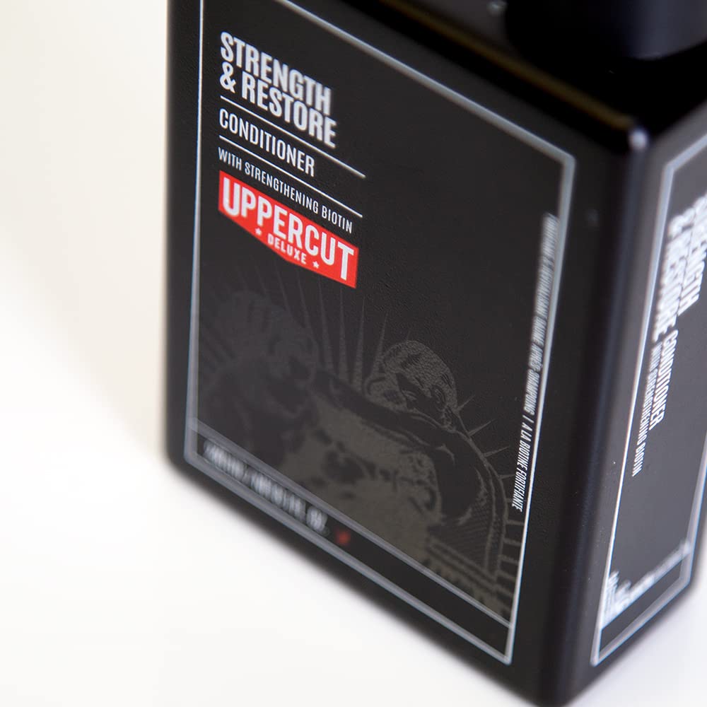 Uppercut Deluxe Strength & Restore label close-up highlighting lightweight daily conditioner