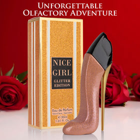URBAN COLLECTION Nice Girl Glitter Edition base notes offer warm gourmand depth and longevity