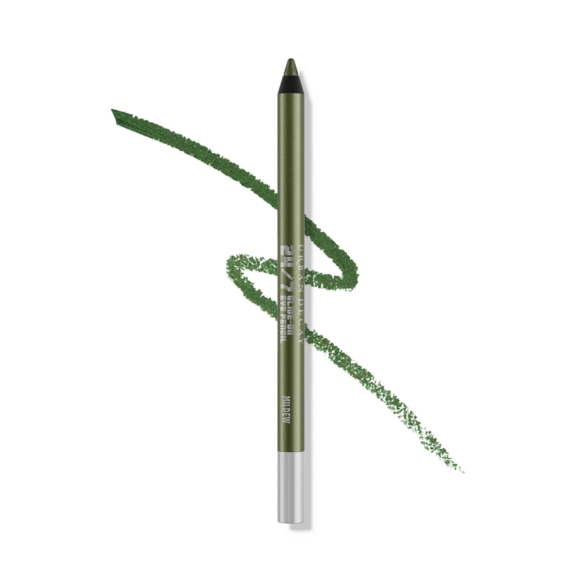 URBAN DECAY 24/7 Glide-On Mildew deep forest green shimmer swatch showing long-lasting color