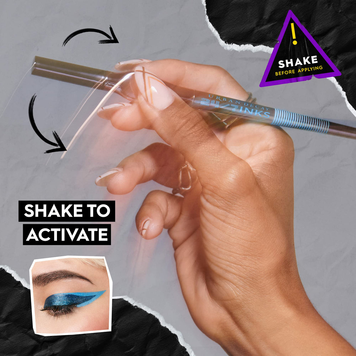 Urban Decay 24/7 Inks nine-shades collection swatch on skin.