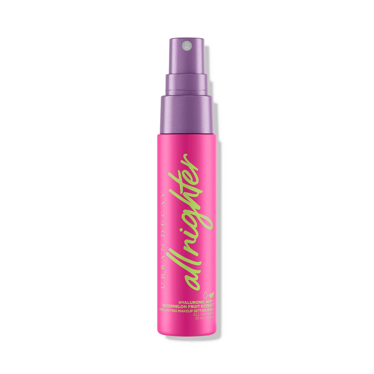 Urban Decay All Nighter bottle mist demonstrating a lightweight makeup seal for up to 16 hours