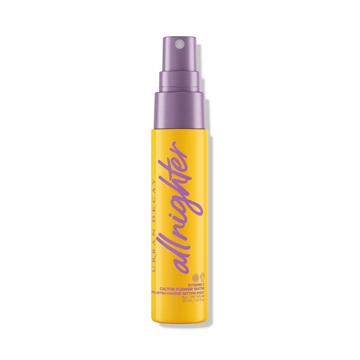 Urban Decay All Nighter Vitamin C bottle front, travel size packaging, hydration promise.