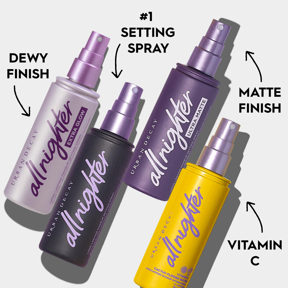 Urban Decay All Nighter Vitamin C hydrating setting spray finish adds radiance to skin.