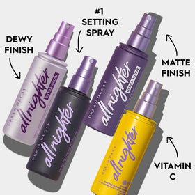Urban Decay All Nighter Vitamin C hydrating setting spray finish adds radiance to skin.