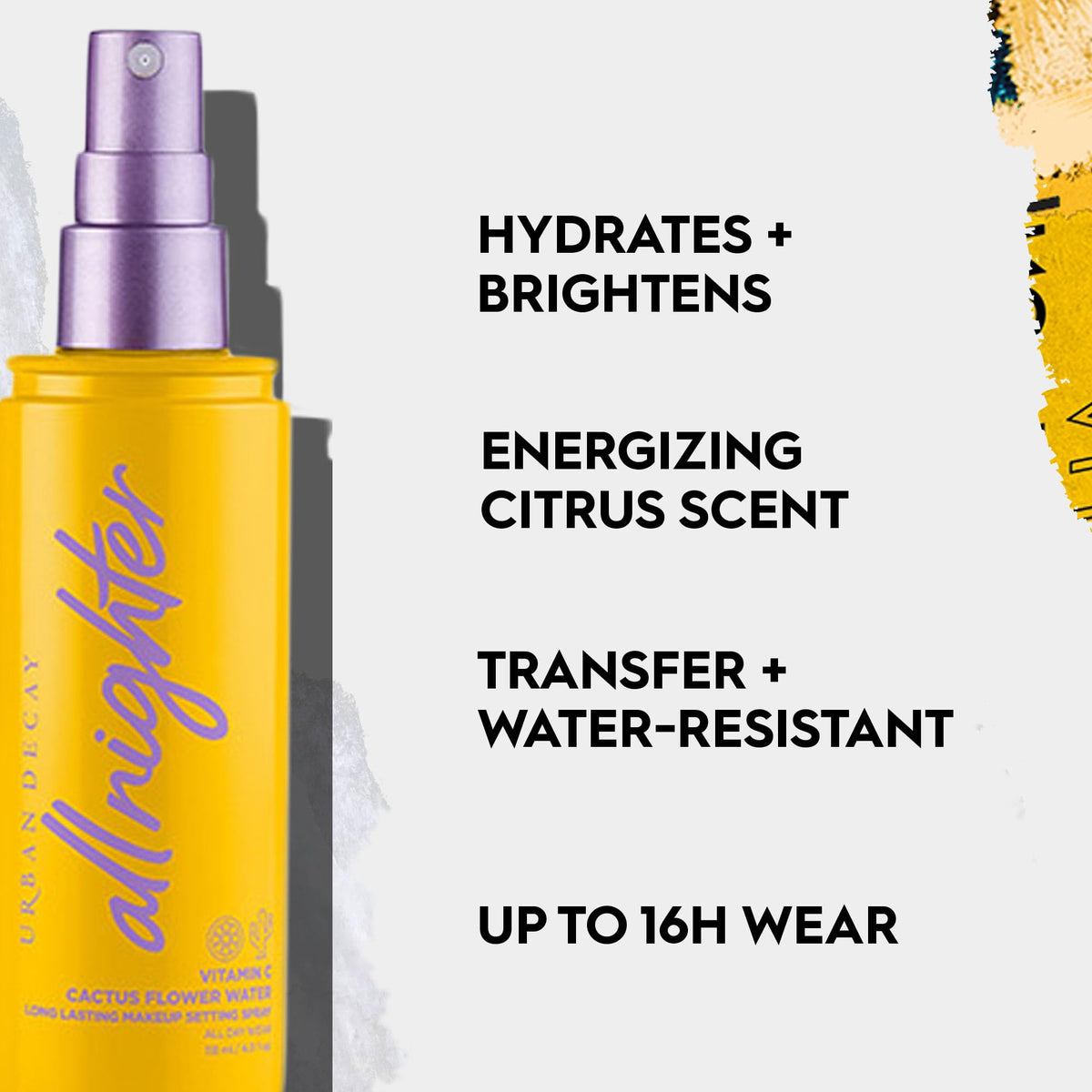 Urban Decay All Nighter Vitamin C mist application demonstrates easy, on-the-go setting spray use.