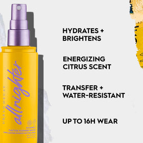 Urban Decay All Nighter Vitamin C mist application demonstrates easy, on-the-go setting spray use.