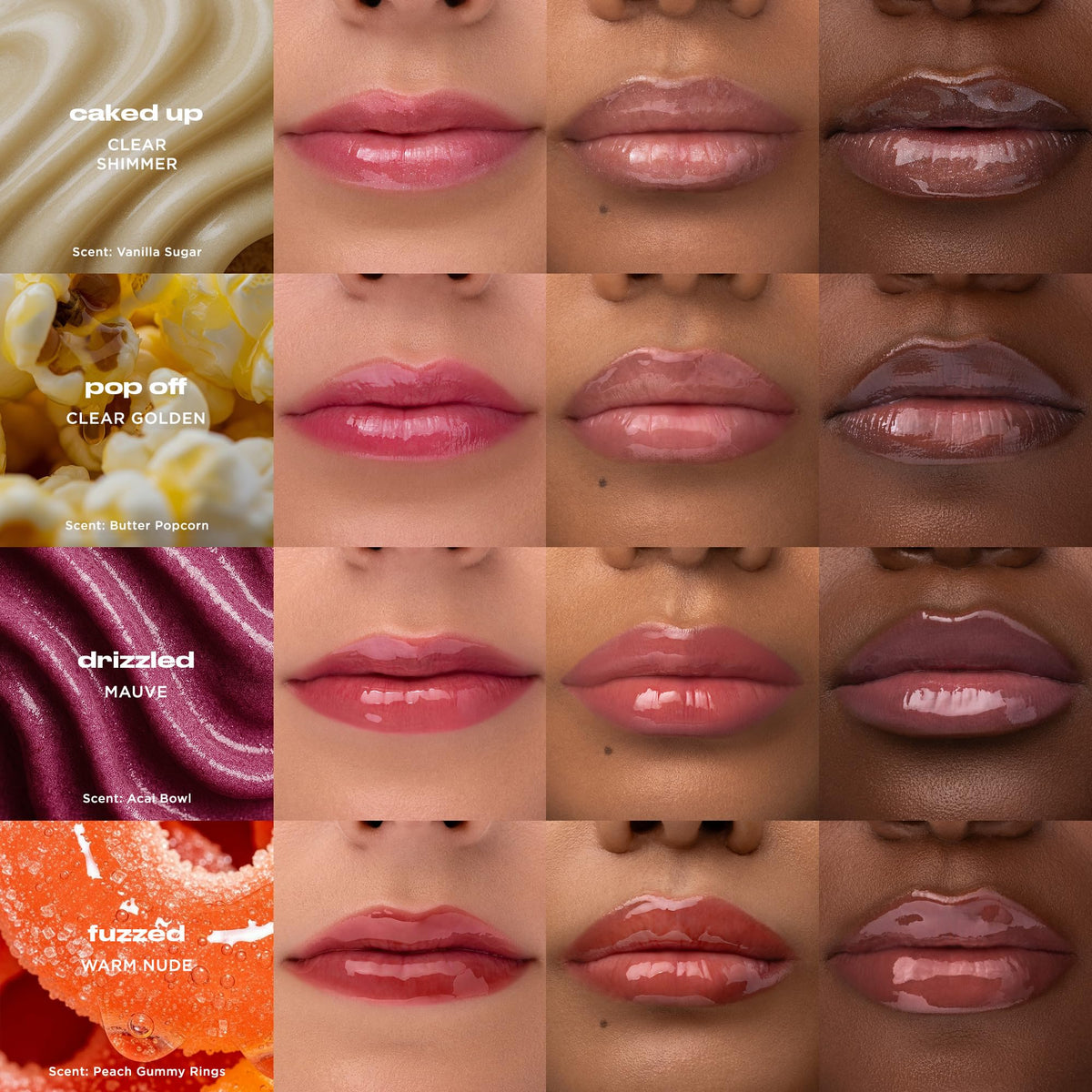 Urban Decay Lip Toy acai bowl drizzle topper on lips.