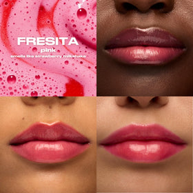 Urban Decay Lip Toy Fresita swatch on lips showing bright stain and shine.