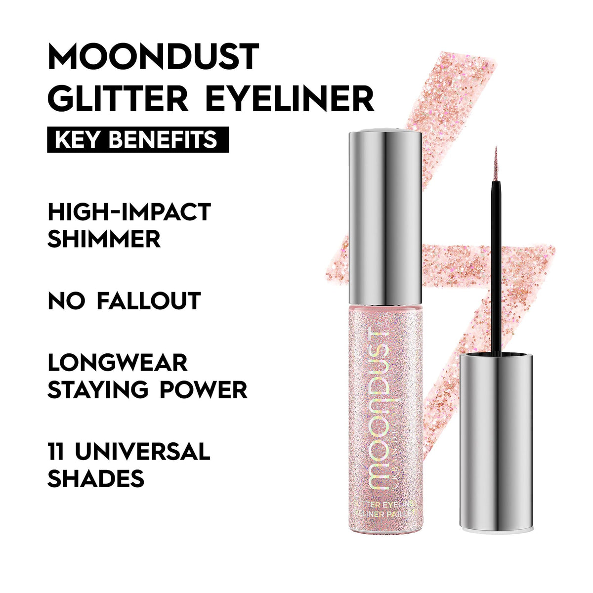 URBAN DECAY Moondust Liquid Eyeliner Disco Daydream swatch with silver holographic glitter for luminous lids.